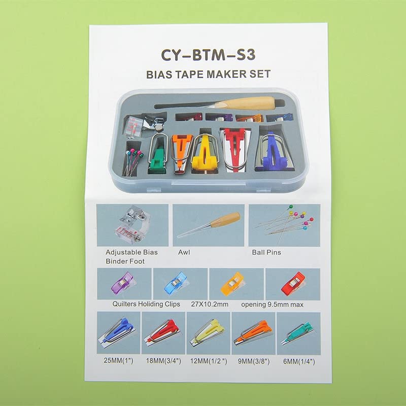 Sew Bias Tape Maker Kits with All 5sizes 6mm 9mm 12mm 18mm 25mm Binding Foot Craft Clips Awl Quilter's Pin - (Color: Multi, Style A)
