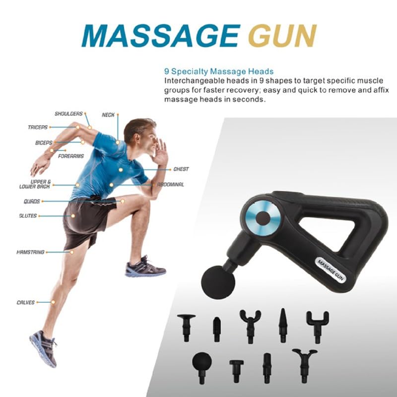 Pistola de masaje de tejido profundo, masajeador muscular de mano para aliviar el dolor, dispositivo de percusión con 9 accesorios y 9 velocidades