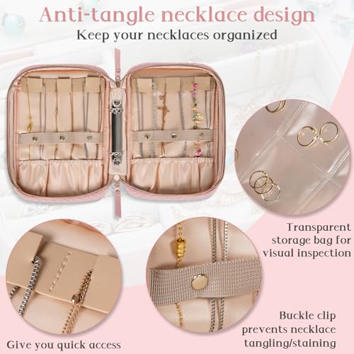 Image of Travel Jewelry Box, Small Zipper Jewelry Boxes, Portable Jewellery Storage Holder Display, Storage Ring Binder, for Rings, Earrings, Necklaces, Bracelets, Pink