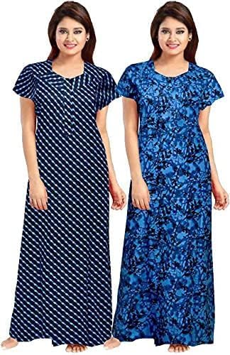 Image of NILOUFO Women's Cotton Printed Maxi Nighty - Pack of 2 | Soft Ankle-Length Sleepwear Gowns for Women | Free Size Night Dresses (Blue,Blue, Free Size)