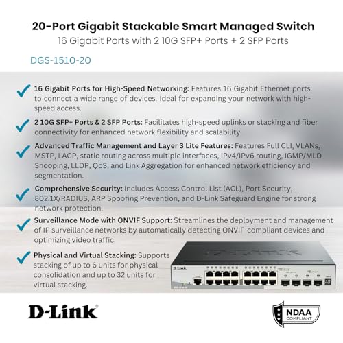 Image of D-Link 20-Port Gigabit Stackable Smart Managed Switch 10G Uplinks | 16 Gigabit + 2 10GbE SFP+ and 2 SFP Ports| L2+ /L3 Lite |VLANs |Web Managed |Surveillance Mode| NDAA Compliant (DGS-1510-20)