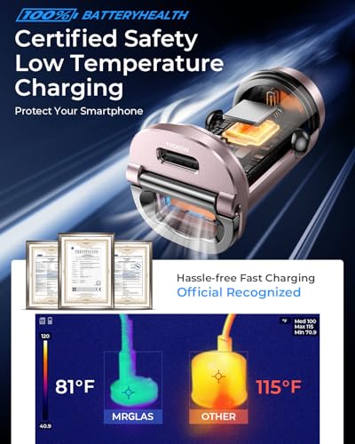 Image of MRGLAS 125W USB C Car Charger, [Mini & Metal] USB C Car Charger Adapter Fast Charging PD65W & QC60W Dual Port Type C Car Cigarette Lighter USB Charger for iPhone 16 15 14 Pro Max S25 MacBook-Pink