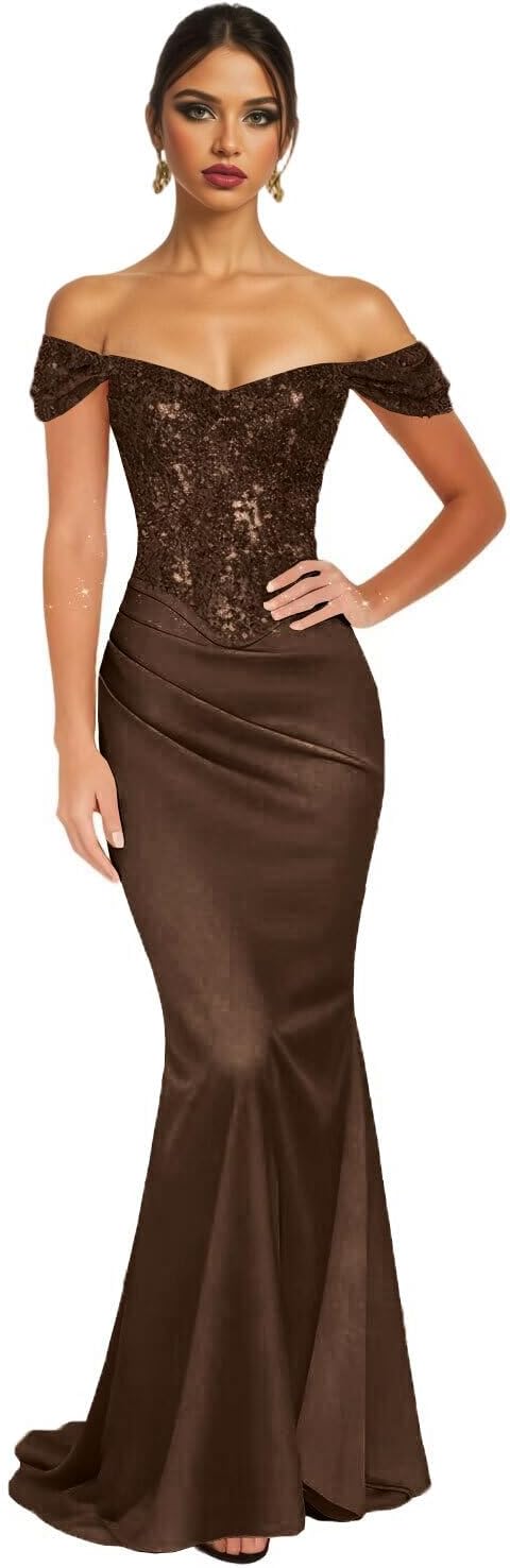 Women's Off Shoulder Prom Dresses 2026 Long Mermaid Satin Sparkle Formal Evening Gown SP011
