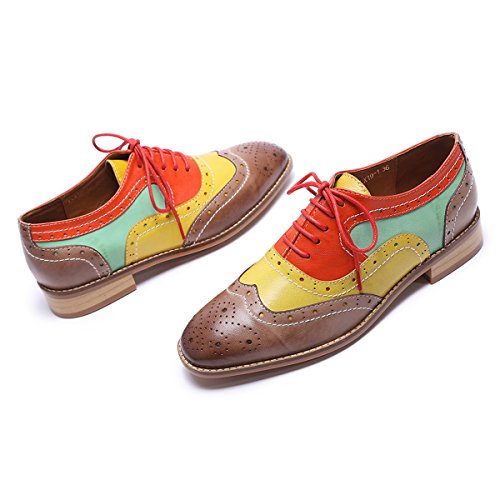 Mona Flying Women's Leather Perforated Lace-Up Brogue Wingtip Derby Saddle Oxfords Shoes For Women Ladis Girls #TOP7