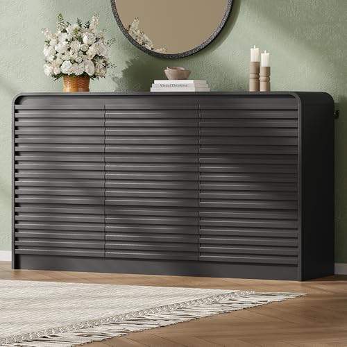 Image of 9 Drawer Dresser for Bedroom,59 inch Wide Fluted Dresser with Curved Edge and Ergonomic Handleless, Large Wooden Clothes Storage Organizer, Modern Chest of Drawers for Closet, Living Room,Black