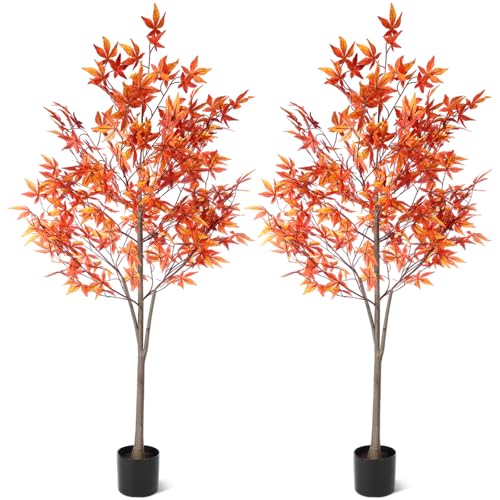 Daifunli 2Pcs 5Ft Thanksgiving Tree Autumn Artificial Maple Tree Realistic Fall Maple Orange Potted Faux Plants Fall Thanksgiving Day Decorations Indoor Outdoor Front Porch Planters