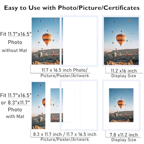 Image of JCJMY 11.7x16.5 A3 Picture Frame White with 8.3x11.7 A4 Mat, Display Photo 8.3x11.7 with Mat or 11.7 x 16.5 Without Mat, Wall Hanging Large Frame with Plexiglass, White