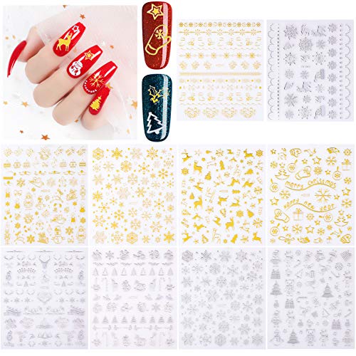 Konsait 540+pcs Christmas Nail Sticker Peel and Christmas Self-adhesive 3D Gold,Silver Nail Decals Wraps?Snowflakes Santa Christmas Tree Holiday Nail Stickers for Xmas New Year Party Supplies Decor
