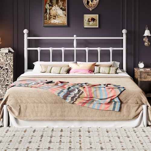 Image of SHA CERLIN King Size Metal Platform Bed Frame with Victorian Vintage Headboard /Under Bed Storage /No Box Spring Needed /Easy Assembly /Noise Free /Mattress Foundation /White