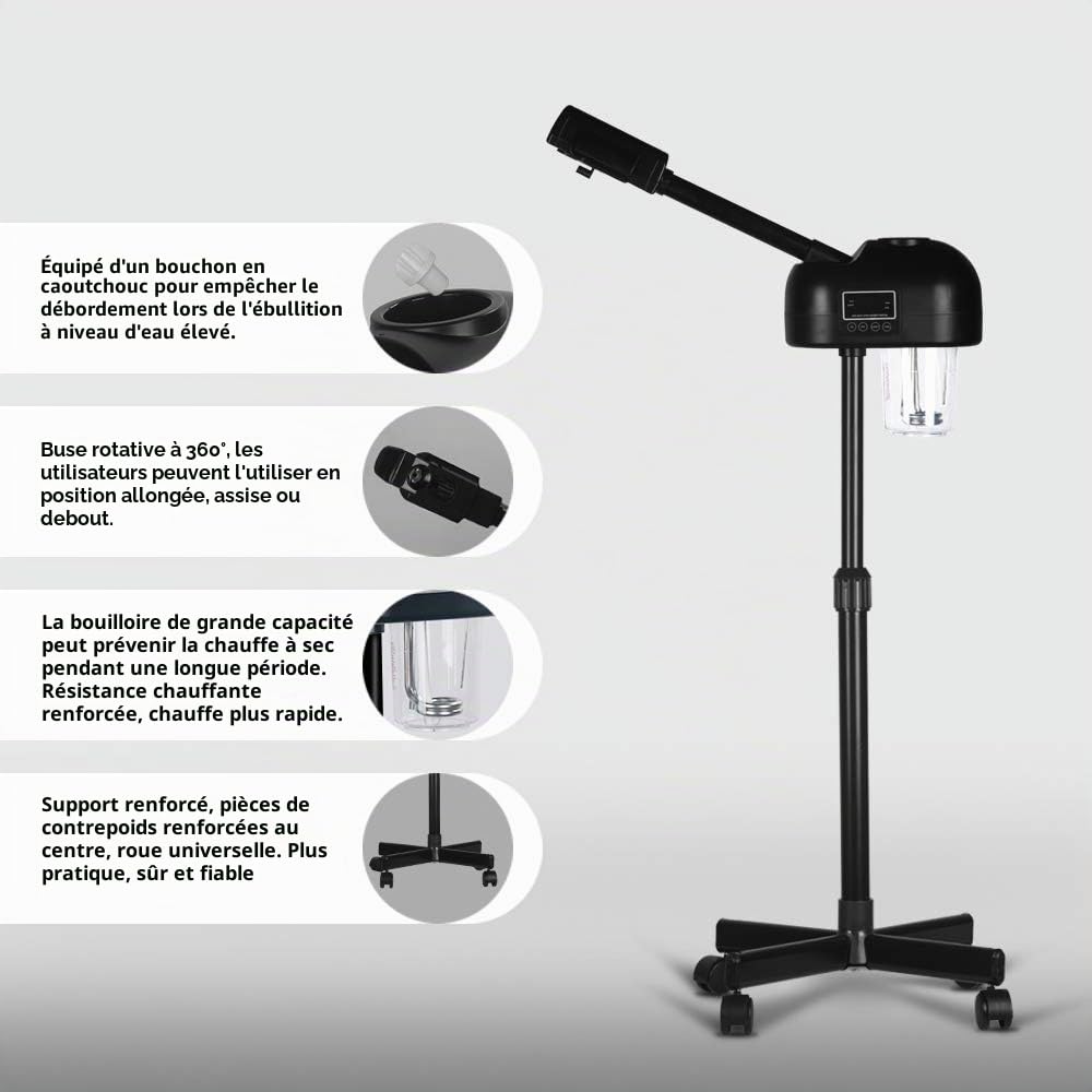 Minuteur Visage Vapeur Noir avec Ecran LCD Professionnel Salon Spa Soins Visage Hauteur Réglable