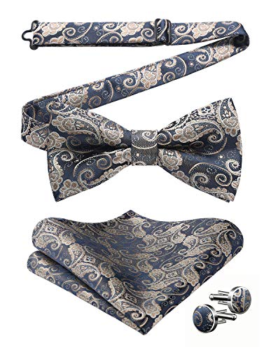 HISDERN Noeud Papillon Homme Gris Reglable Noeud Papillon avec Pochette Boutons Couleur Unie pour Mariage Fete