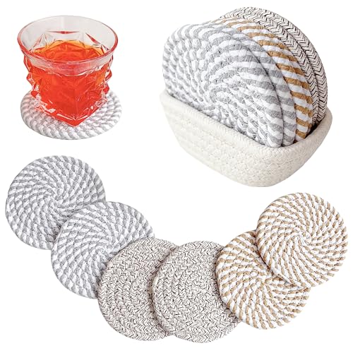 Valdivia Boho Drink Coasters with Storage Basket, Handmade Woven Cotton