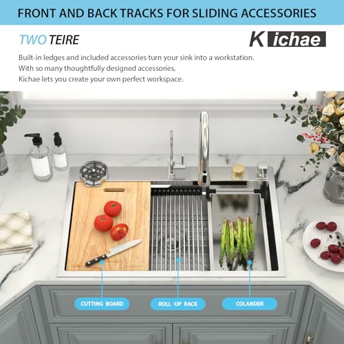 Image of Kichae Waterfall Kitchen Sink Drop In - Kitchen Sink 33x22x10 Drop In Waterfall with Hot & Cold Water Stainless Steel 16 Gauge Handmade Deep Single Bowl Workstation with Faucet Combo & Glass Rinser