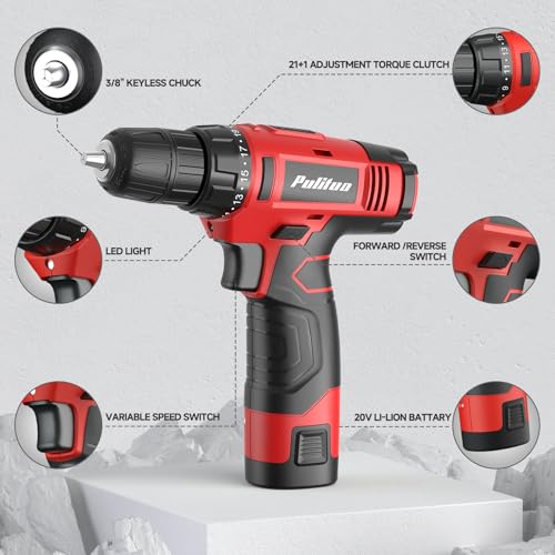 PULITUO 148-Piece Home Drill Set with 12V Red Cordless Drill, Hand Tools, Tool Box, Ideal for Men, Women, and DIY Enthusiasts for Home Improvement. thumbnail 4