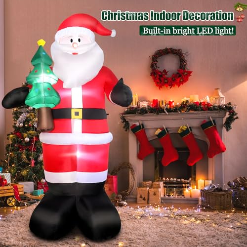 8FT Christmas Inflatable Santa Yard Decors, Blow Up Santa Claus with Christmas Tree in Hand & Green, Built-in Bright LED Lights for Holiday Display Lawn Garden Party Decorations
