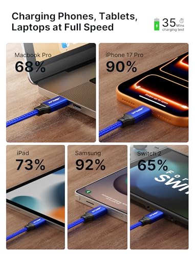 Image of JSAUX 100W USB C to USB C Cable [2-Pack 3.3FT], PD Fast Charging, Blue | 100 Watt Fast Charger, Braided Type-C Cords for iPhone Air /17e /17 /16 /15 Series, Galaxy S /Note Series, MacBook and iPad