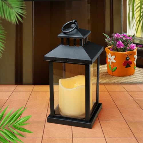 Image of Coku LT-22 Vintage LED Lantern with Pillar Candle, Battery Operated Wall Hanging Lamp, Flameless Antique Glass Holder for Home Decor, Diwali (Black, Pack 2)