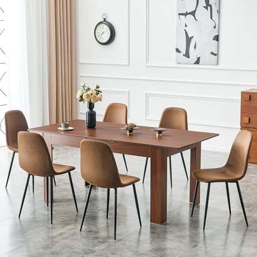 Image of 59 inch-86.6 inch Extendable Dining Table for 4 6 8 10, Modern Wooden Expandable Kitchen Table with 2 Drop Leaves, Space-Saving Rectangular Extending Dinner Table for Kitchen, Dining Room, Living Room, Walnut