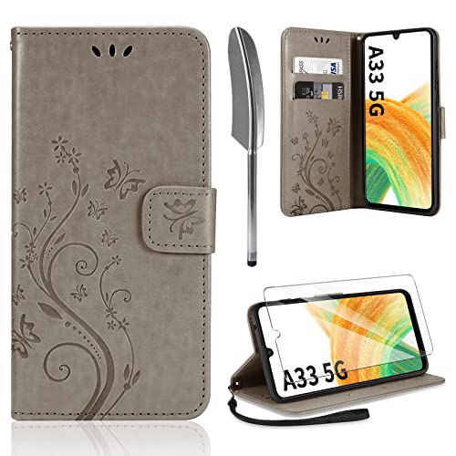 AROYI Coque Compatible avec Samsung Galaxy A33 5G, Retro Design PU Etui Housse en Cuir Portefeuille de Protection Fonction Stand Video Porte Carte Credit Ticket Flip Case, Gray Cover