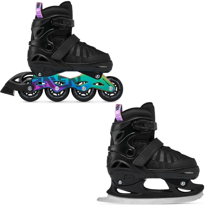 RAVEN Inline Skates Inliner für Kinder und Erwachsene OPTIONAL 2in1 mit Schlittschuhen verstellbar Oxen (Oxen Neo Chrome mit Kufen, 34-37 (21cm-23,5cm))