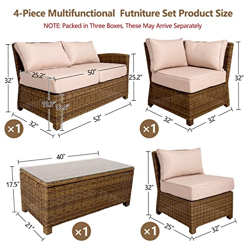Cpintltr Outdoor Patio Furniture Set 5-Piece Various Sectional Rattan Sofa Sets Waterproof Patio Bistro Conversation Furniture Sets With Soft Beige Cushions Tempered Glass Table Khaki #TOP6