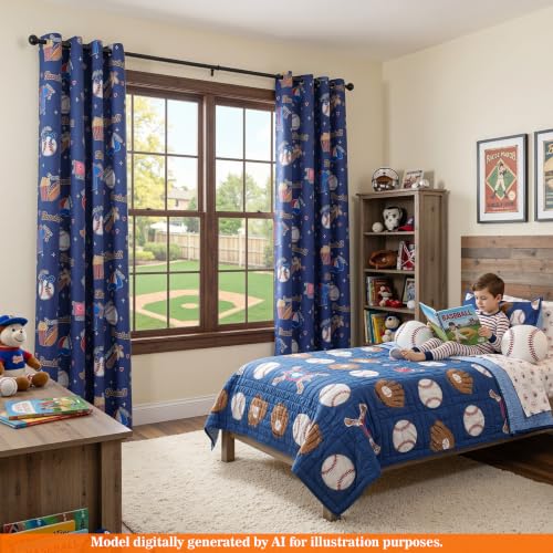 Image of MYSKY HOME Navy Blue Blackout Curtains 84 Inch Long 95% Light Blocking Thermal Insulated Grommet Window Curtains with Baseball-Related Patterns for Boys Kids Nursery Bedroom Playroom, W52, 2 Panels