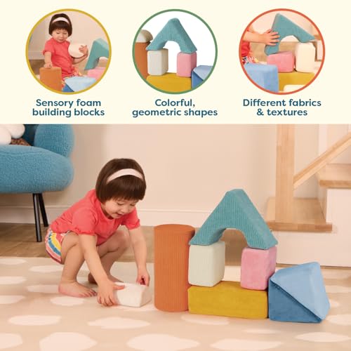 Image of B. toys Tumble-y Towers Sensory Foam Building Blocks, 8 Pieces, Activity | 8 geometric foam blocks wrapped in textured and tactile fabrics for stacking, squeezing, snuggling, and sensory, 6+ Months
