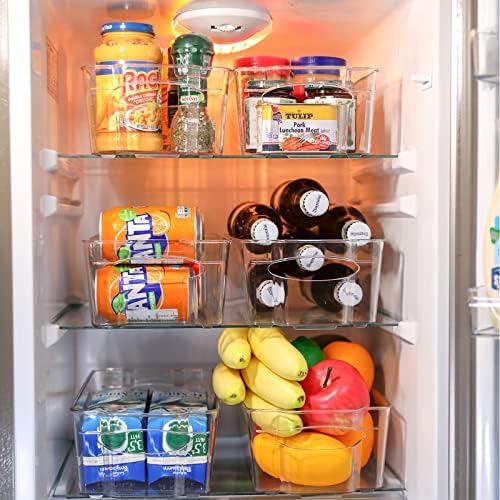 6 Pack Puricon Fridge Organiser Set Storage Box Tray, Clear Plastic Stackable Bins, Freezer Space Saver, Refrigerator Tidy Container, for Pantry Kitchen Cupboard Cabinet Storage Large
