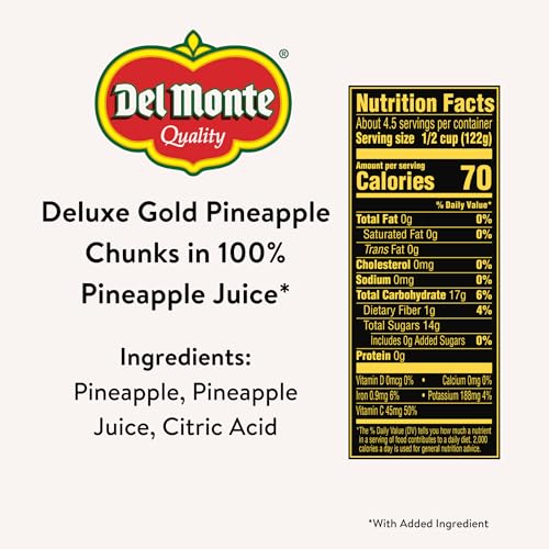 Del Monte Deluxe Gold Pineapple Chunks in 100% Pineapple Juice, 20 oz Can (Pack of 12), Canned Fruit