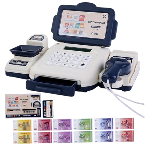 Caja Registradora de Juguete con Escáner, Caja Registradora con Función de Calculadora para Niños con Tarjeta de Crédito de Dinero, Compras Educativas hasta Juguetes para Juego de Roles, Azul, jour d