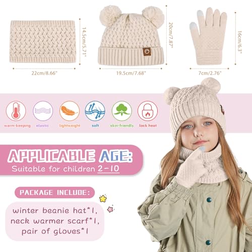 Image of Kids Winter Hat Gloves Scarf Set,Toddler Girls Winter Hat Kids Beanie with Pom Neck Warmer Gaiter Mittens Fleece Lined Set