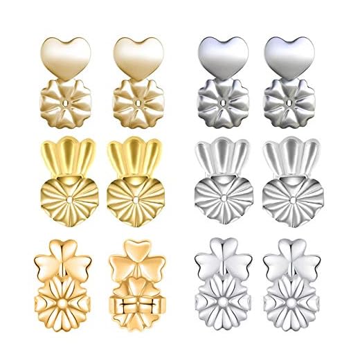 【6 Pairs】Earring Lifters, Adjustable Hypoallergenic Earring Secure Backs, 18K Gold Plated, Sterling Silver, Heart-Shaped, Crown & Clover Style