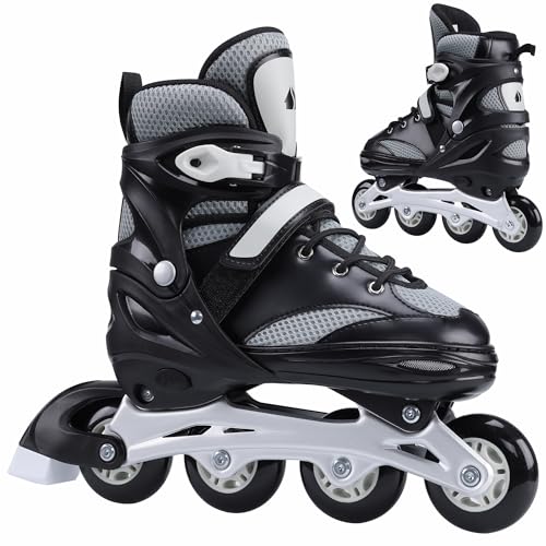 Navaris Adjustable Roller Skates - Inline Skates for Boys and Girls - Easy-Fasten Youth Rollerskates w Tool Kit Replaceable Brake - for Kids US 3.5-6 (EU 35-38) Gray