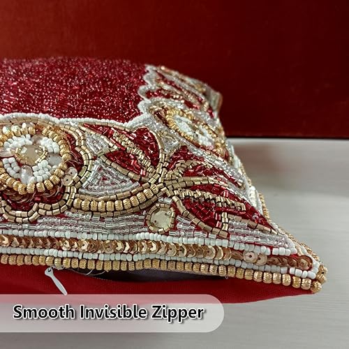 Linen Clubs Beaded Throw Pillow Cover/Euro Sham/Cushion Sham, Super Luxury Soft Pillow Cases-square design 14x14 Red Gold Multi - Image 3