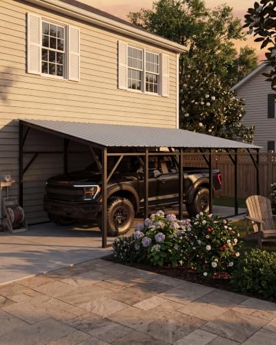 Image of GarveeLife 12x25 ft Wall-Mounted Metal Carport, Lean-to Car Port | Vertical Roof Design / 19-Gauge. Steel Frame / 107 inch to 78 inch Height Clearance for SUV & Pickup