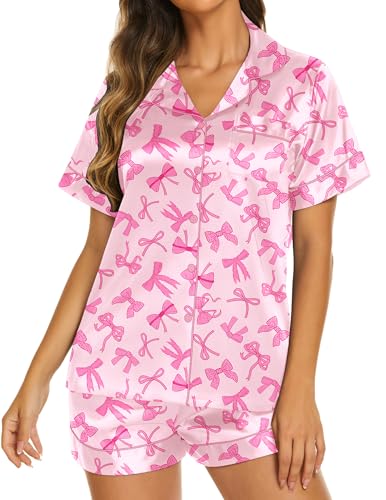 Image of Ekouaer Silk Pajamas for Women Short Sleeve Sleepwear Soft Button Down Loungewear 2 Piece Satin Pjs Shorts Set