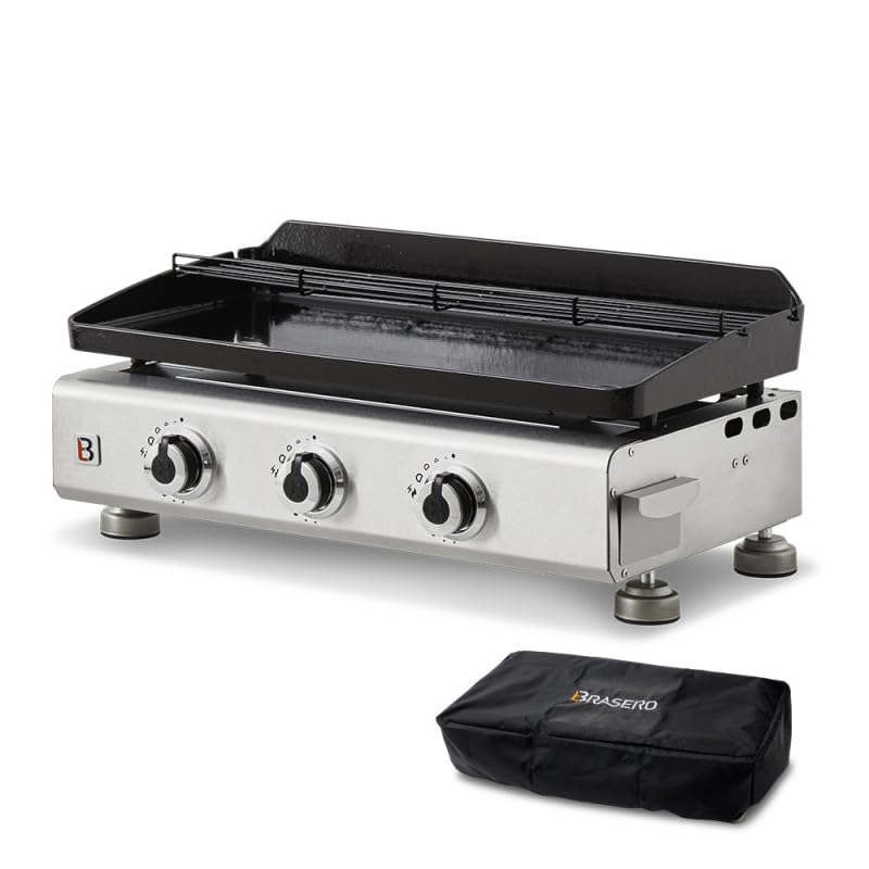 BRASERO - Plancha Silvia II G Inox 3 feux Brasero - Surface cuisson 67 x 34 cm - 3 brûleurs - Plaque fonte - Grille de réchauffement + Housse offerte -...