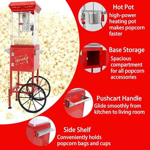 Image of Popcorn Machine with Cart 9oz - Retro Theater Style Popper Makes 36 Cups Per Batch, Stainless Steel Kettle & Wheels, for Home Movie Nights, Holiday Parties, School Events, Christmas Gift, Red
