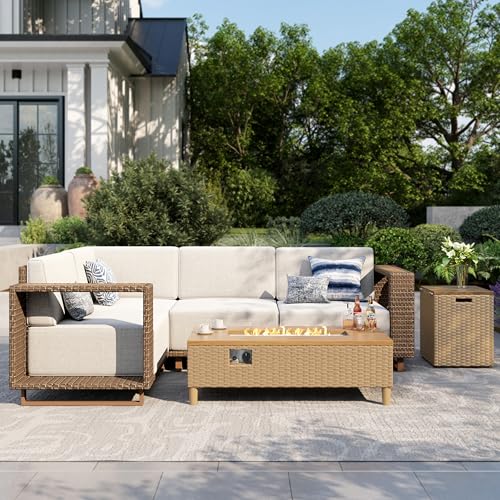 Image of MIXPATIO Patio Sectional Furniture with Fire Pit, 4 Pieces Outdoor Wicker Sofa Set, Yellow Rattan Modular Conversation Sets with 10 inch Thick Cushions, L Shape Low Profile Lawn Deck Garden Furniture