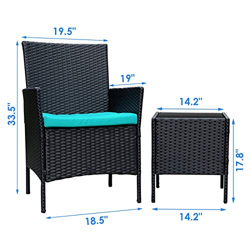 Patio Furniture Sets 3 Pieces Porch Furniture PE Rattan Patio Set Outdoor Table and Chairs with 2 Pieces Blue Patio Furniture Cushions (Blue) - Thumbnail 2