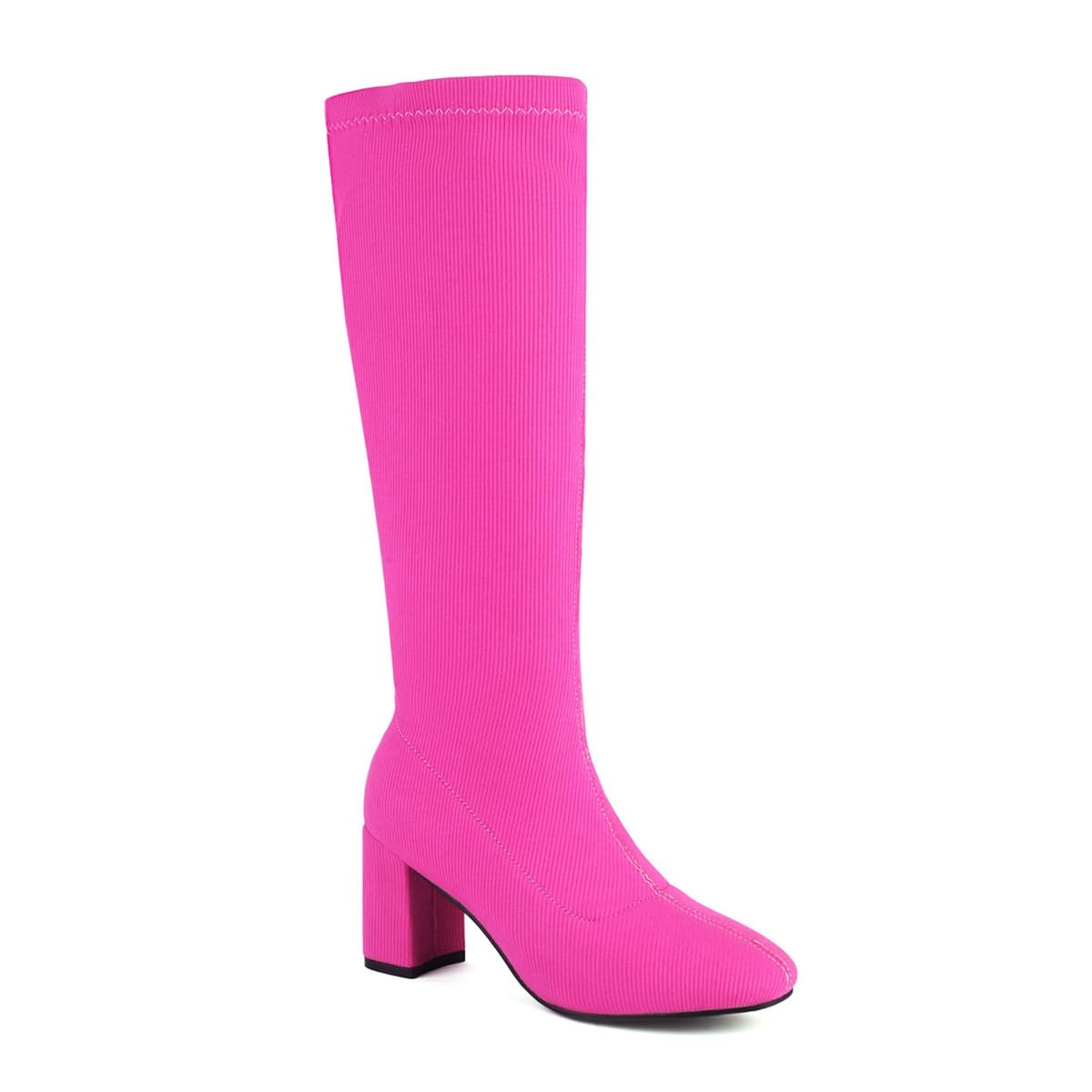 Fashion Knee High Tall Boots For Womens Square Toe Pull On Chunky Heels Wide Calf Stretchy Dressy Boots