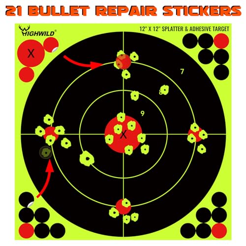 highwild 12x12 inch splatter adhesive bullseye fluorescent yellow shooting target stickers - suitable for handguns rifles bb guns airsoft pellet guns