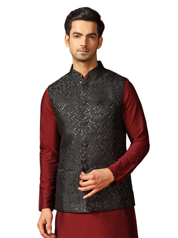 kisah Men's Nehru Jacket, Black Jacquard, Woven Regular Fit Mandarin Collar Sleeveless-picture-12