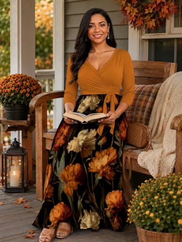 Image of Plus Size Maxi Dress for Women V Neck Flowy Dresses with Pockets for Wedding Guest Church