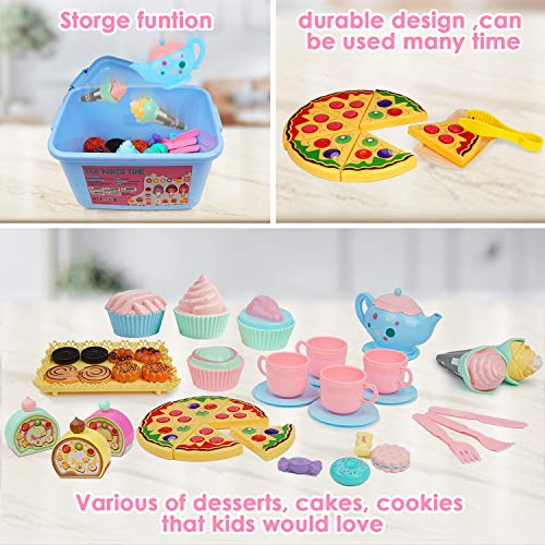 BGdoyz Kids Tea Set Princess Tea Time Toy, 74 Pieces Pretend Play Food Set Tea Party Playset Accessories, Including Plastic Teapots Teacups Cookies Cakes Donuts for Toddlers,Boys Girls