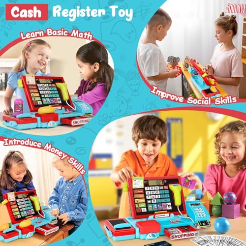 Image of Kids Cash Register with Scanner and Sound, Microphone, Shopping Basket, 52 Shop Accessories, Role-Play Toys for Children, Play Money, Children's Cash Register (Blue)