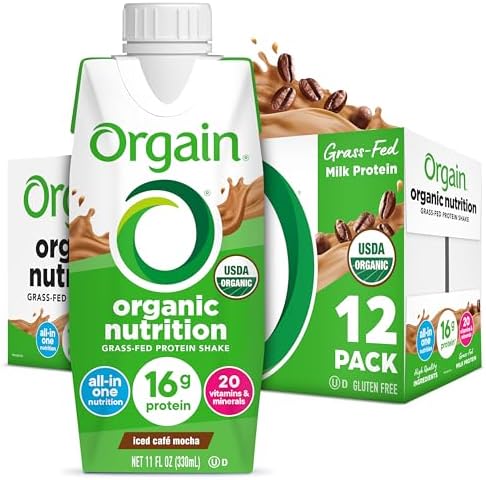 Orgain Organic Grass Fed Dairy 16g Protein Shake, Café Mocha, 11oz, 12pk