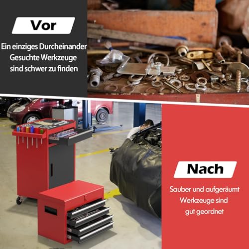 FANTASK Werkstatt-Wagen Abschließbar auf Rädern, 2 in 1 Profi Werkzeugwagen inkl. Koffer & 8 Fächer & Haken & verstellbarem Regal, 59x28x102cm (Rot)
