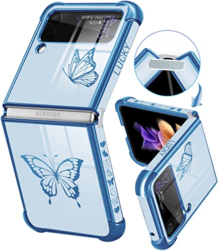 Goocrux for Samsung Galaxy Z Flip 3 Case Butterfly for Women Girls Girly Pretty Phone Cases Cute Blue Butterflies Pattern Plating Design Aesthetic Trendy Cover for Galaxy Z Flip 3 5G 6.7