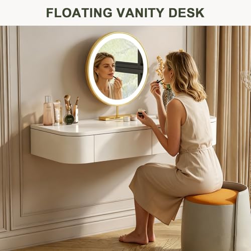 Image of Floating Makeup Vanity Table with 2 Side-Open Storage Doors, Space-Saving Dressing Table with Drawers, Wall Mounted Floating Desk with Rounded Corners for Small Space Bedroom (White, 39.3in)
